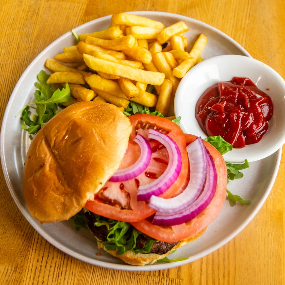 Open-faced burger with tomato, red onion, lettuce, golden fries, and ketchup on a plate.